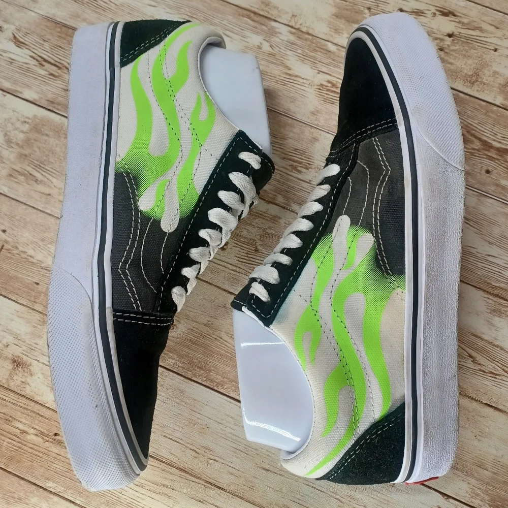 Vans Black White Canvas Neon Green Flames Suede Old Skool Skate Shoes Men's 6.5